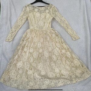 Vintage 1960s Tea Length Floral Lace Wedding Dress Long Sleeve Custom Made MCM